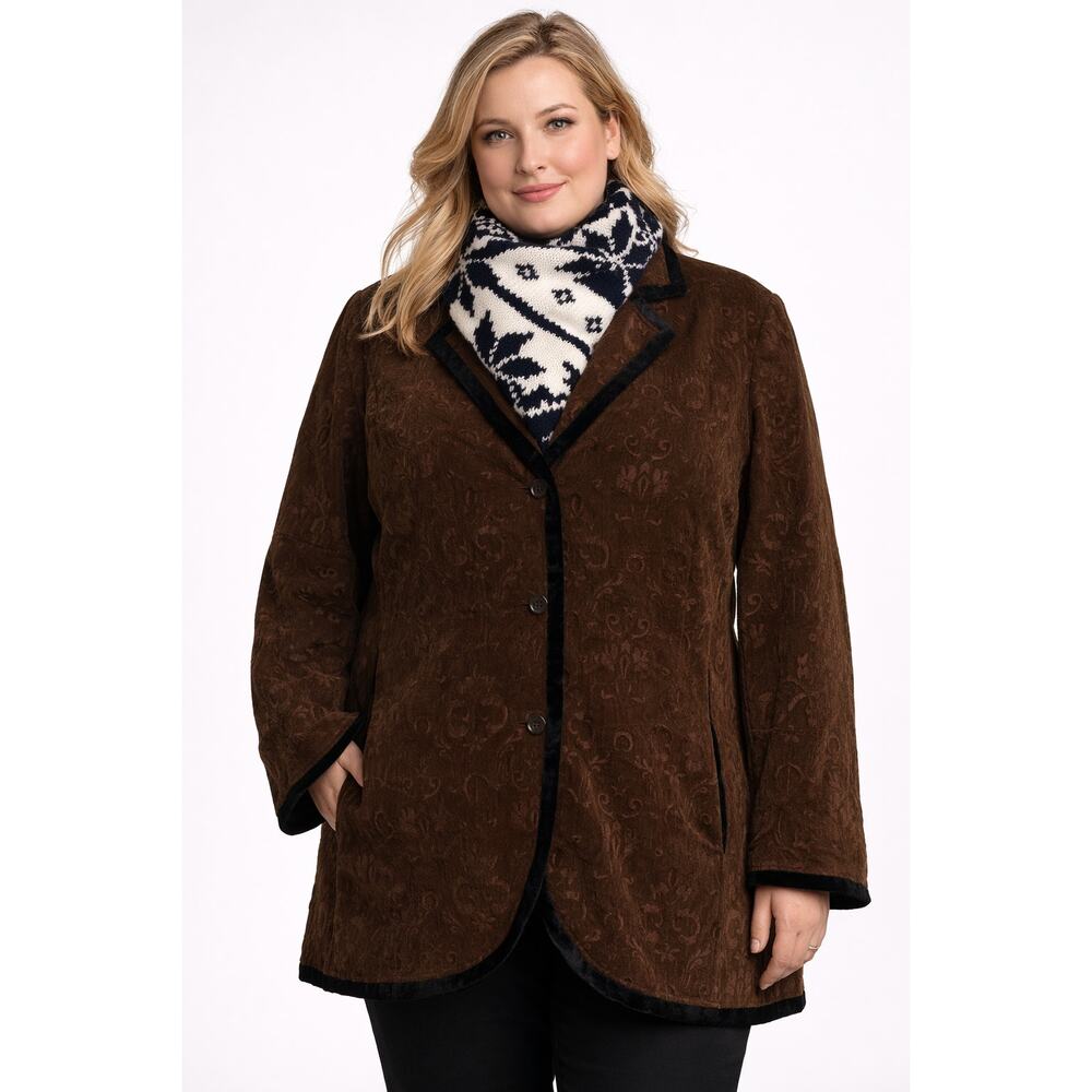 Women’s Plus Size 3X Brown Corduroy Jacket Coat with Velvet Trim & Knit Scarf